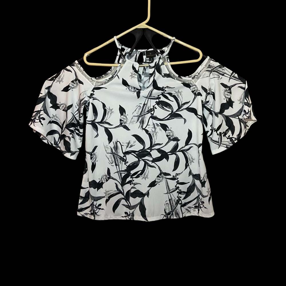Worthington White Black Tropical Floral Cold Shoulder Blouse